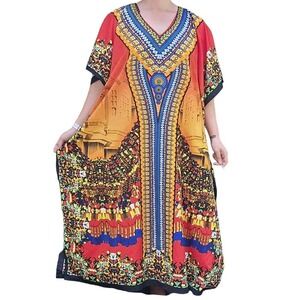 Red Yellow Orange Blue VNeck Kaftan Muu Muu Pool Beach Cover Up Dress India OSFM